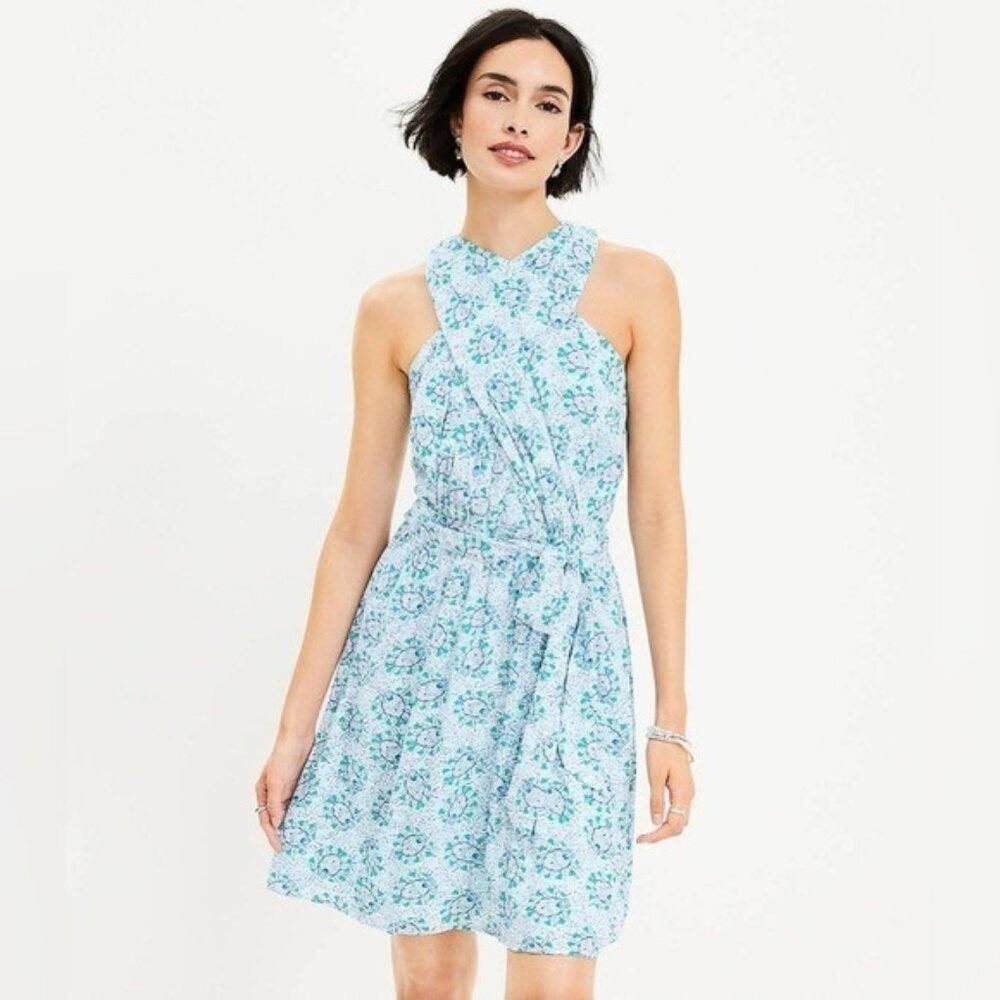 NEW LOFT Petite Bloom Crossover Halter Dress 14 Blue Floral Sleeveless NWT